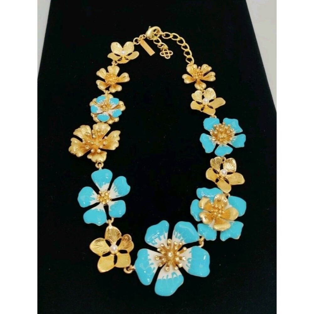 Oscar De La Renta Blue/ White Enamel & Crystal Flower Necklace 16" Circa 2010